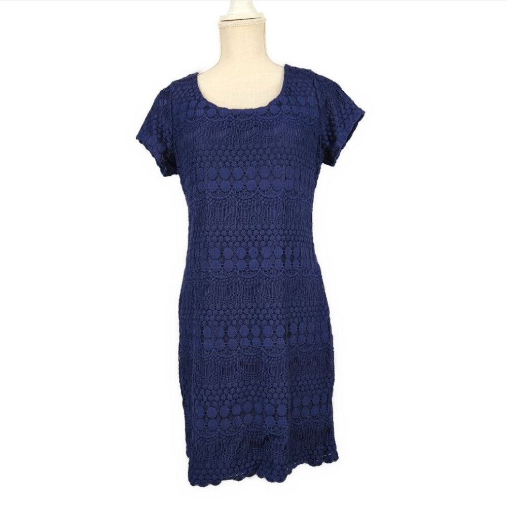Tiana B Lace Sheath Pencil Dress Sz Large Navy Blue Crochet Overlay Short Sleeve